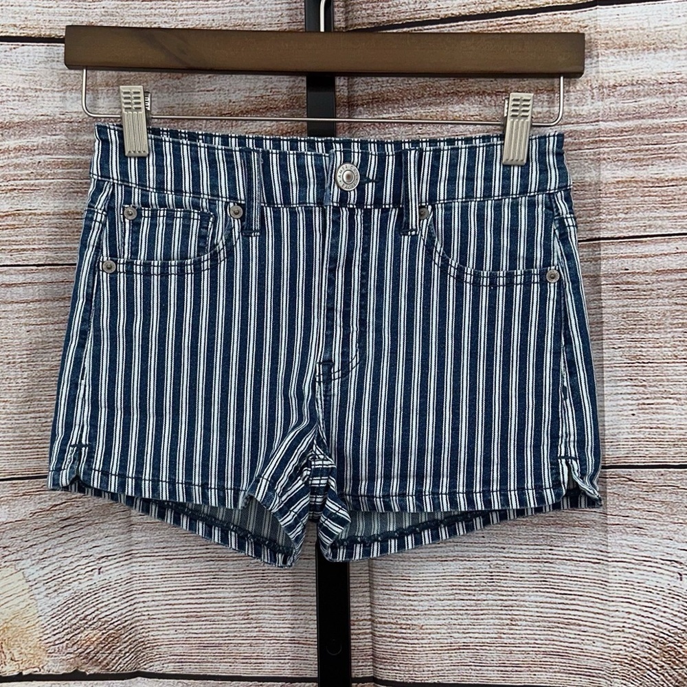 American Eagle Outfitters Navy Striped Jean Hi Rise Shorties Shorts Size 2